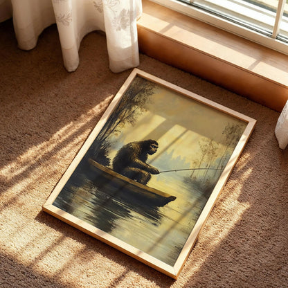 Bigfoot on a Red Canoe Fishing Poster