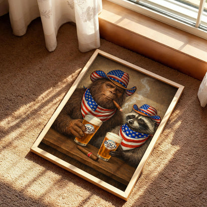 Raccoon and Bigfoot Laughter Vintage Poster