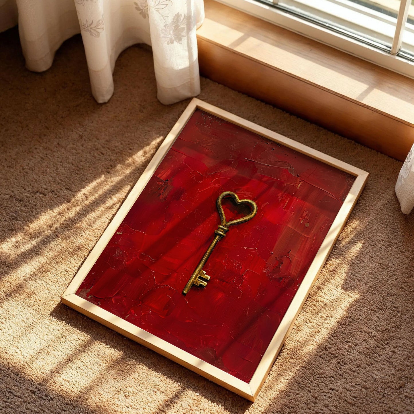 Gold Heart Key on Red Art