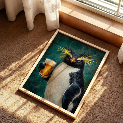 Quirky Penguin Holding Beer Poster