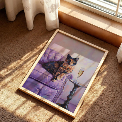 Tortoiseshell Cat with Champagne Art Print