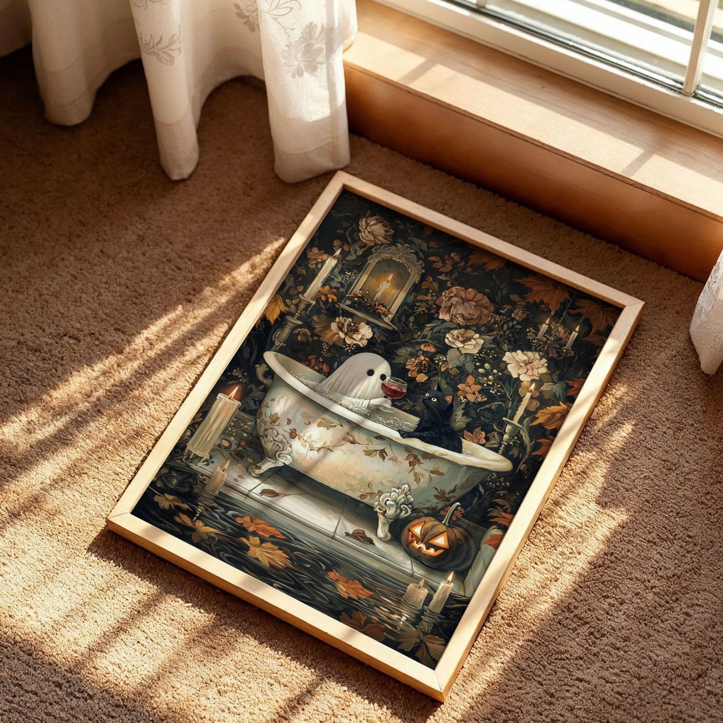 Ghost and Wine with Cat in Bathtub Poster