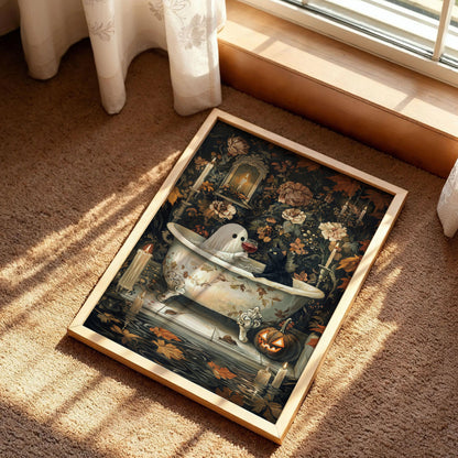 Ghost and Wine with Cat in Bathtub Poster