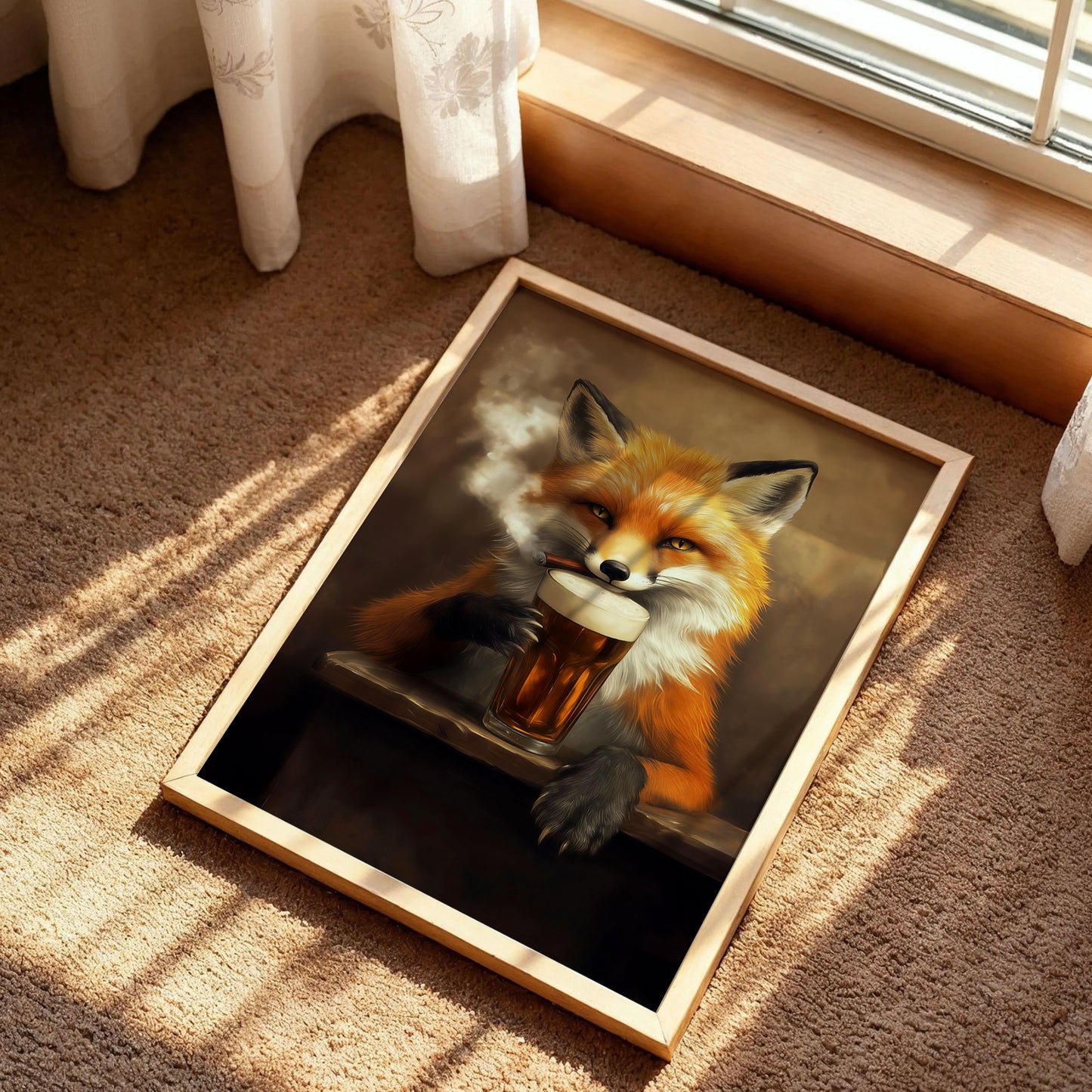 Red Fox Drinking Beer And Smoking Bar Poster