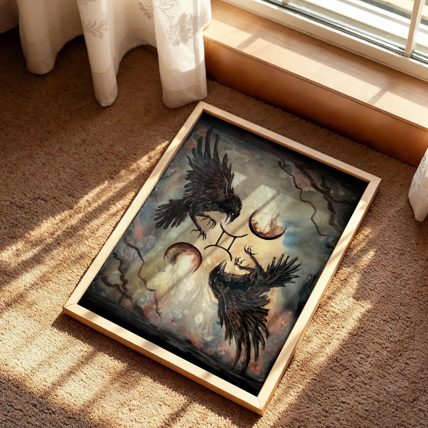 Two Crows Flying with Star Sign Surreal Moons Poster