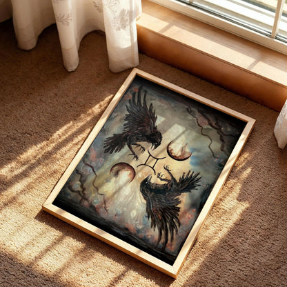 Two Crows Flying with Star Sign Surreal Moons Poster