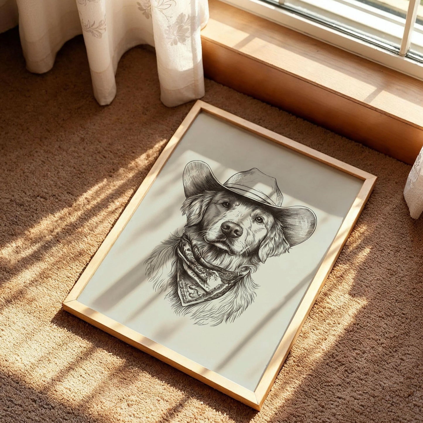 Golden Retriever Cowboy Sketch Print