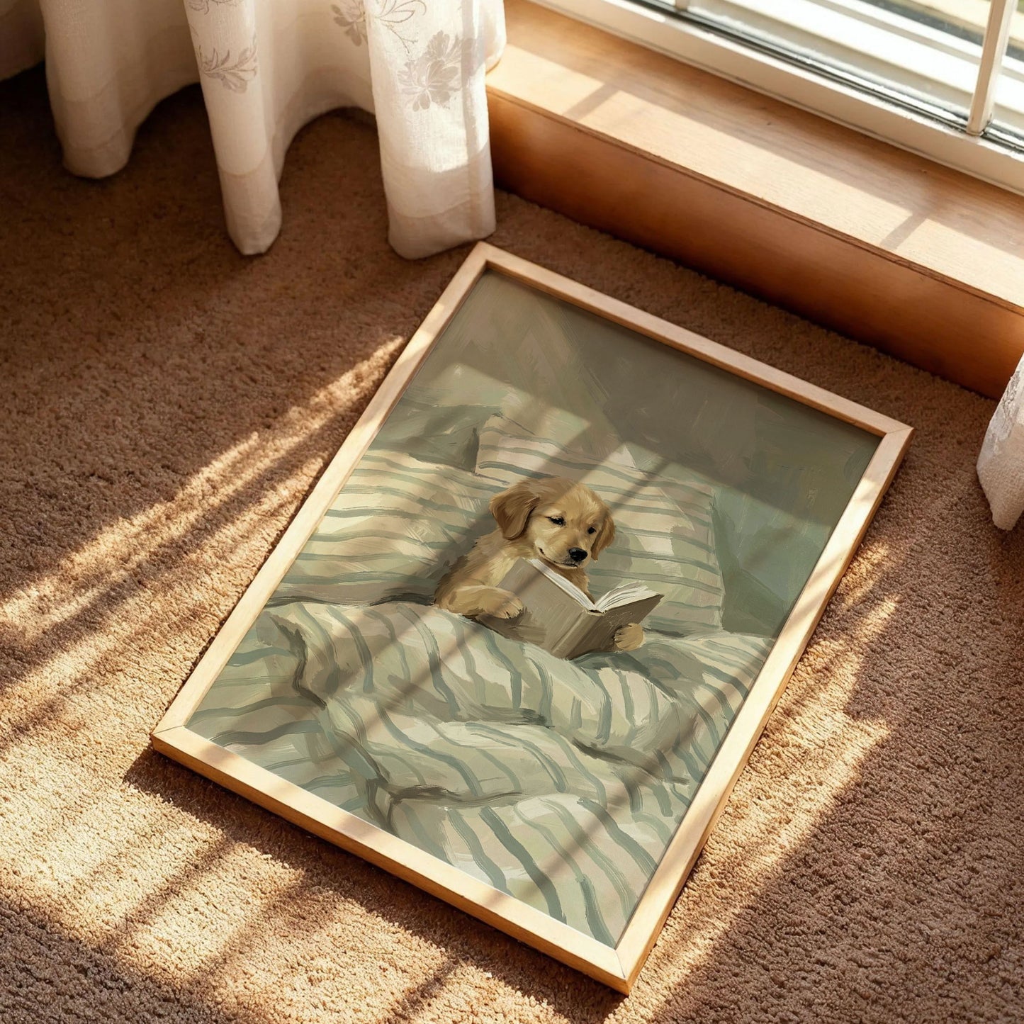 Cute Dog Reading Book in Bed Post