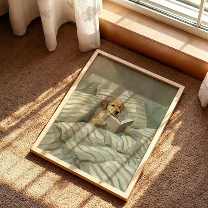 Cute Dog Reading Book in Bed Post