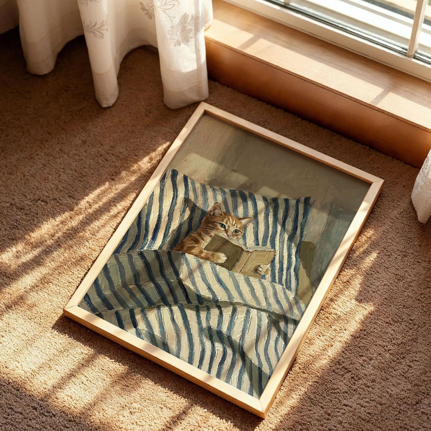 Orange Ginger Cat Reading Book in Bed Poster