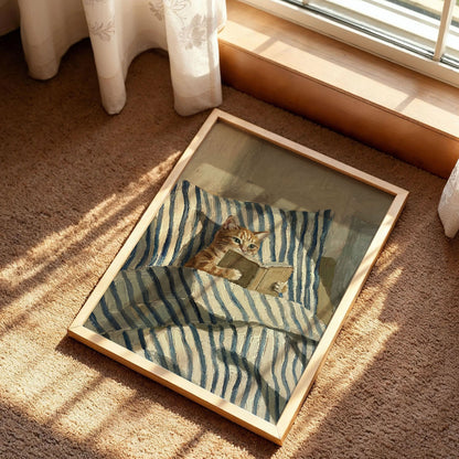 Orange Ginger Cat Reading Book in Bed Poster