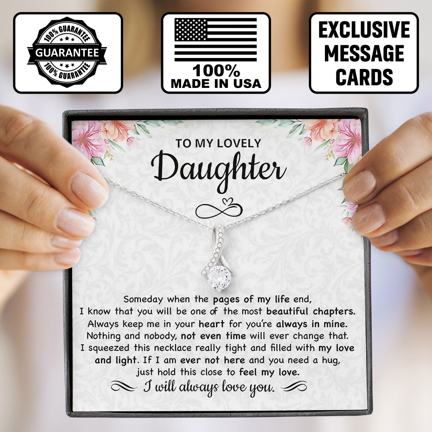 To My Lovely Daughter Necklace Jewelry Birthday Valentine's gifts For Daughter Message Card & LED Box
