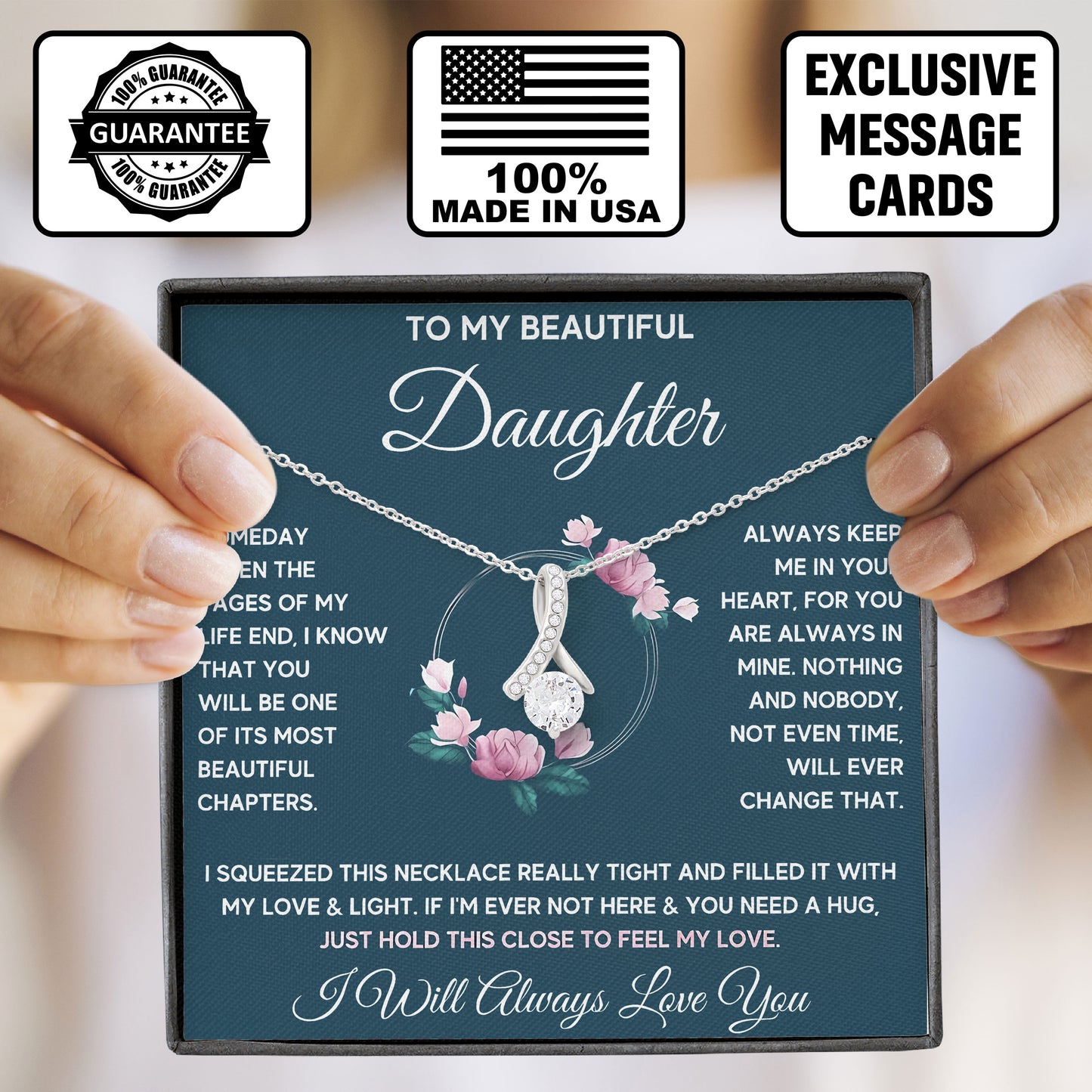 To My Beautiful Daughter Necklace 925 Sterling Silver Pendant Necklace Graduation Gifts Birthday Christmas Message Card＆LED Gift Box