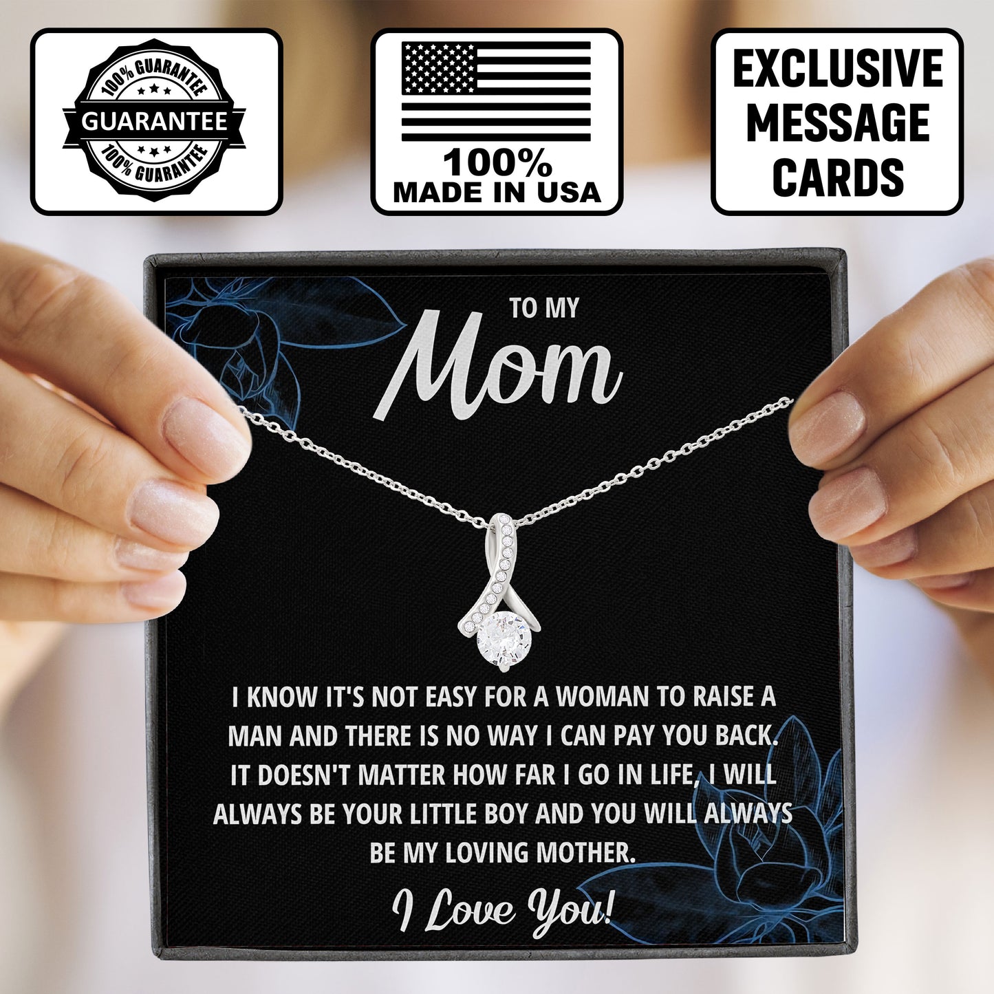 To My Mom Necklace with Message Card, Mothers Day Gift, Sentimental Birthday Valentine Gifts