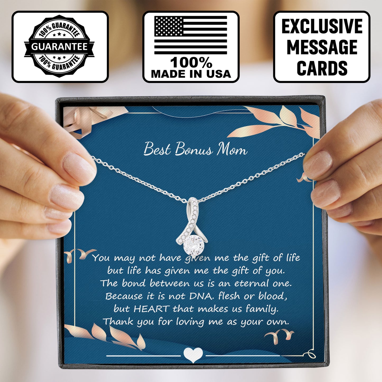 Best Bonus Mom Necklace with Message Card, Valentine Gifts, Mothers Day Gift, Sentimental Birthday