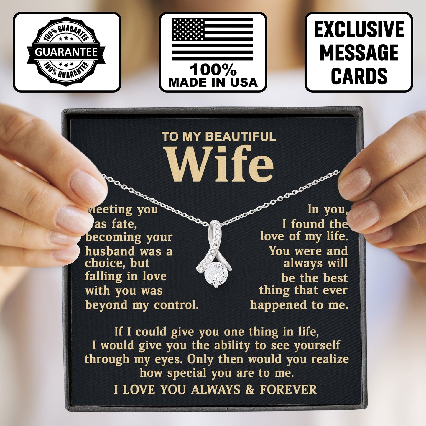 To My Beautiful Wife Gift Idea, Husband to Wife Gift, Necklace Gift Box with Sentimental Message Card