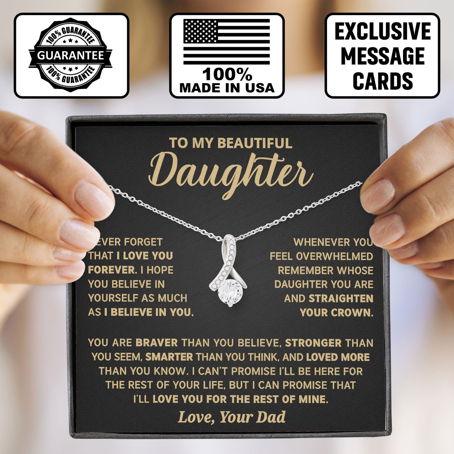 To My Beautiful Daughter Necklace Jewelry with Message Card & Gift Box