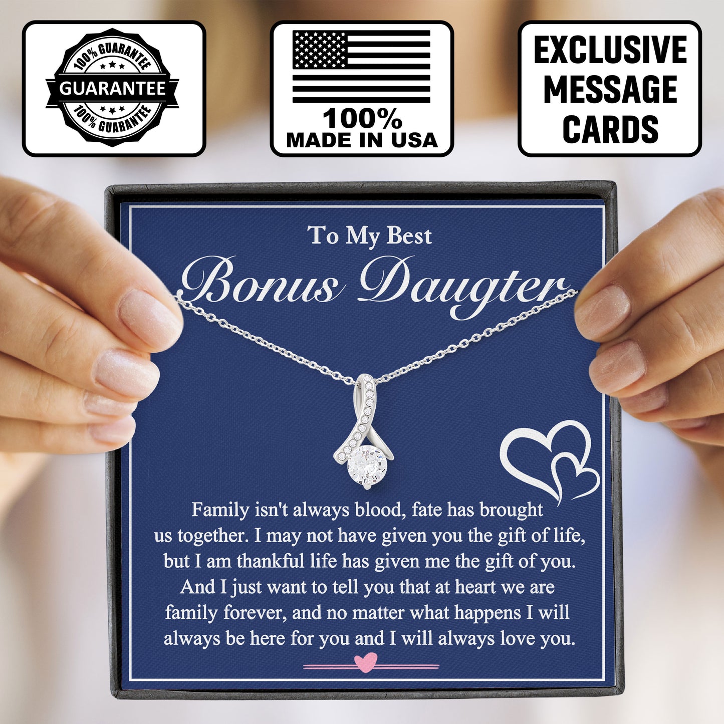 To My Best Bonus Daughter Jewelry Boxes with Necklace, Present Box For Daughter From Dad, Mom
