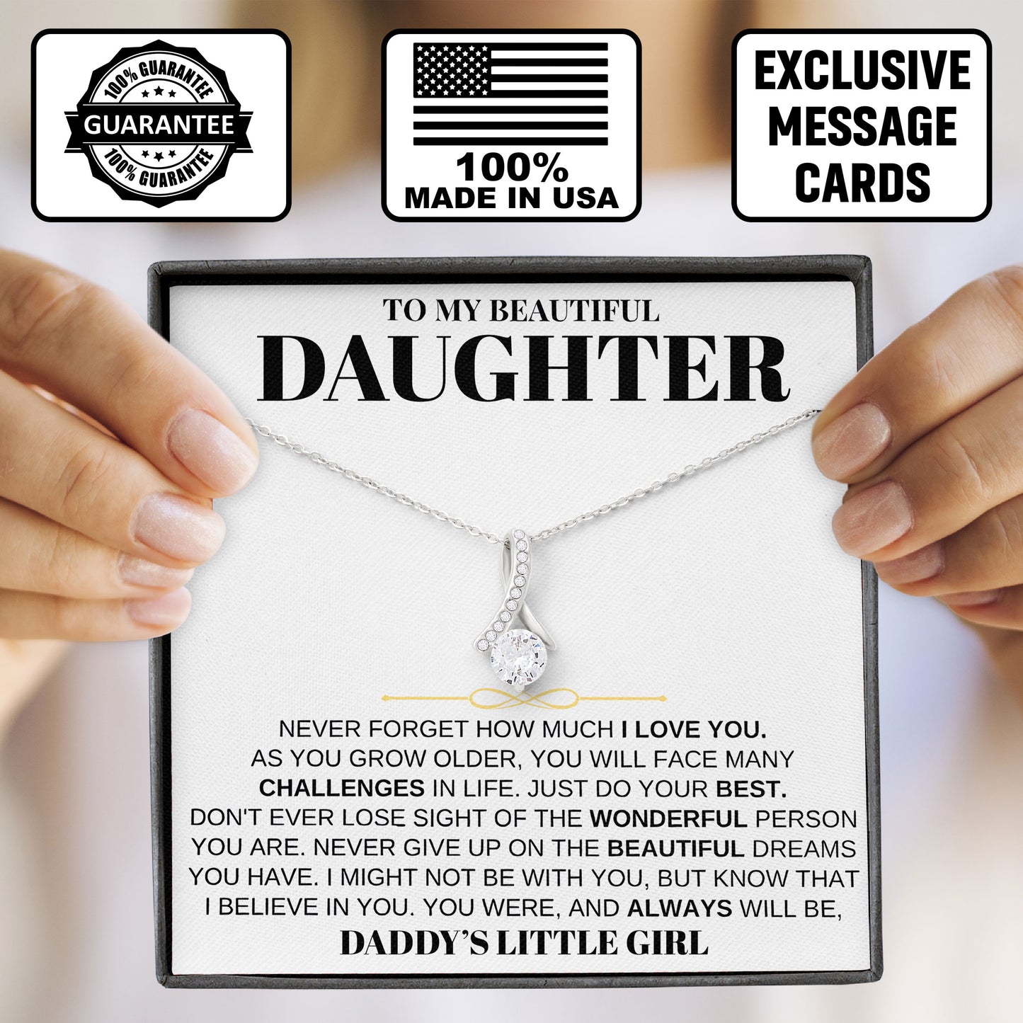 To My Beautiful Daughter Necklace with Message Card and Gift Box, Valentine's Day, Birthday From Dad, Mom
