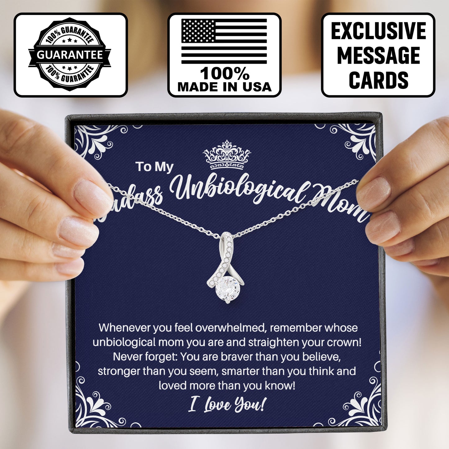 To My Badass Unbiological Mom Love Necklace Gift with Message Card